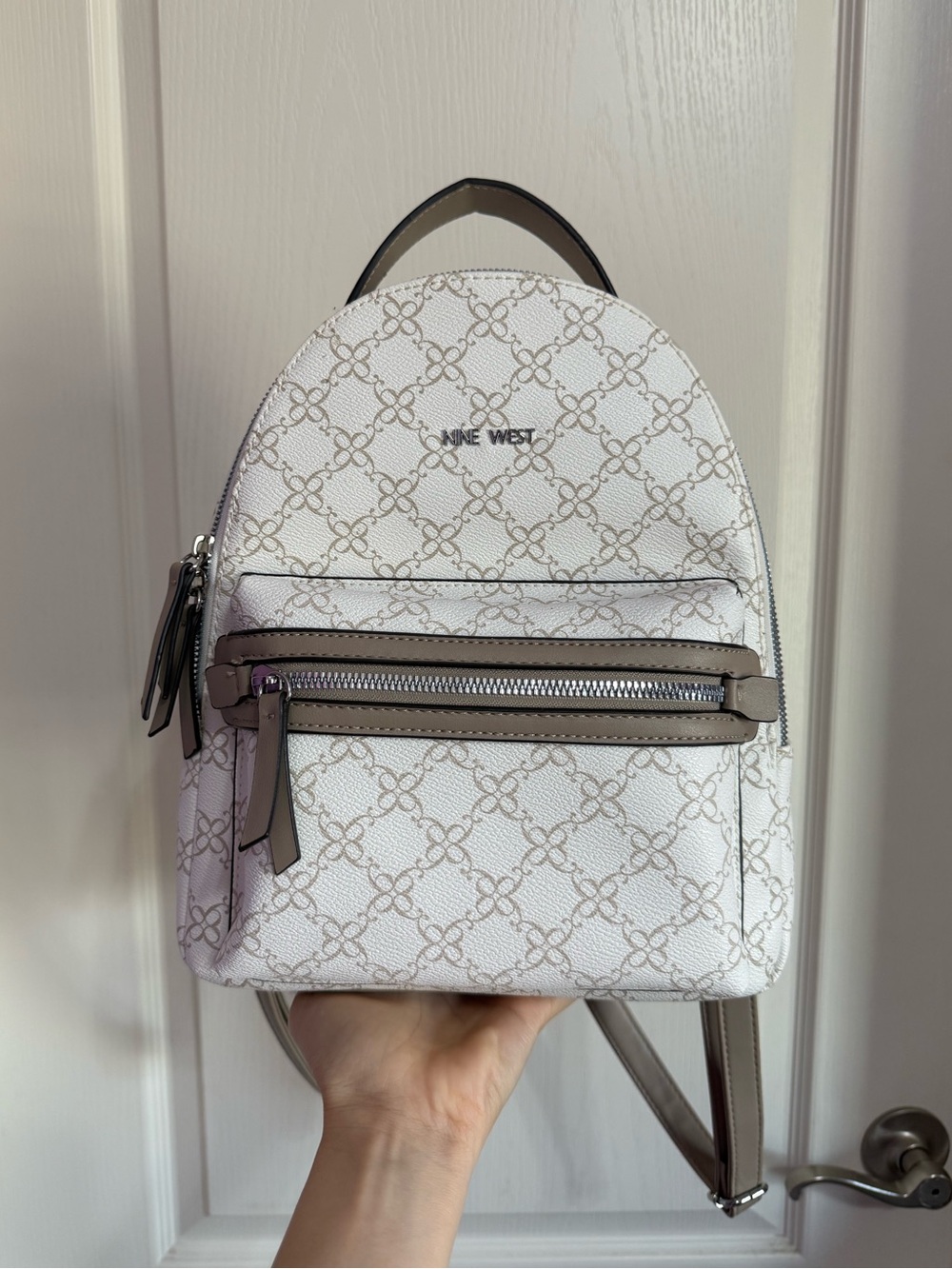 Nine West White and Taupe Logo-Print Mini Backpack